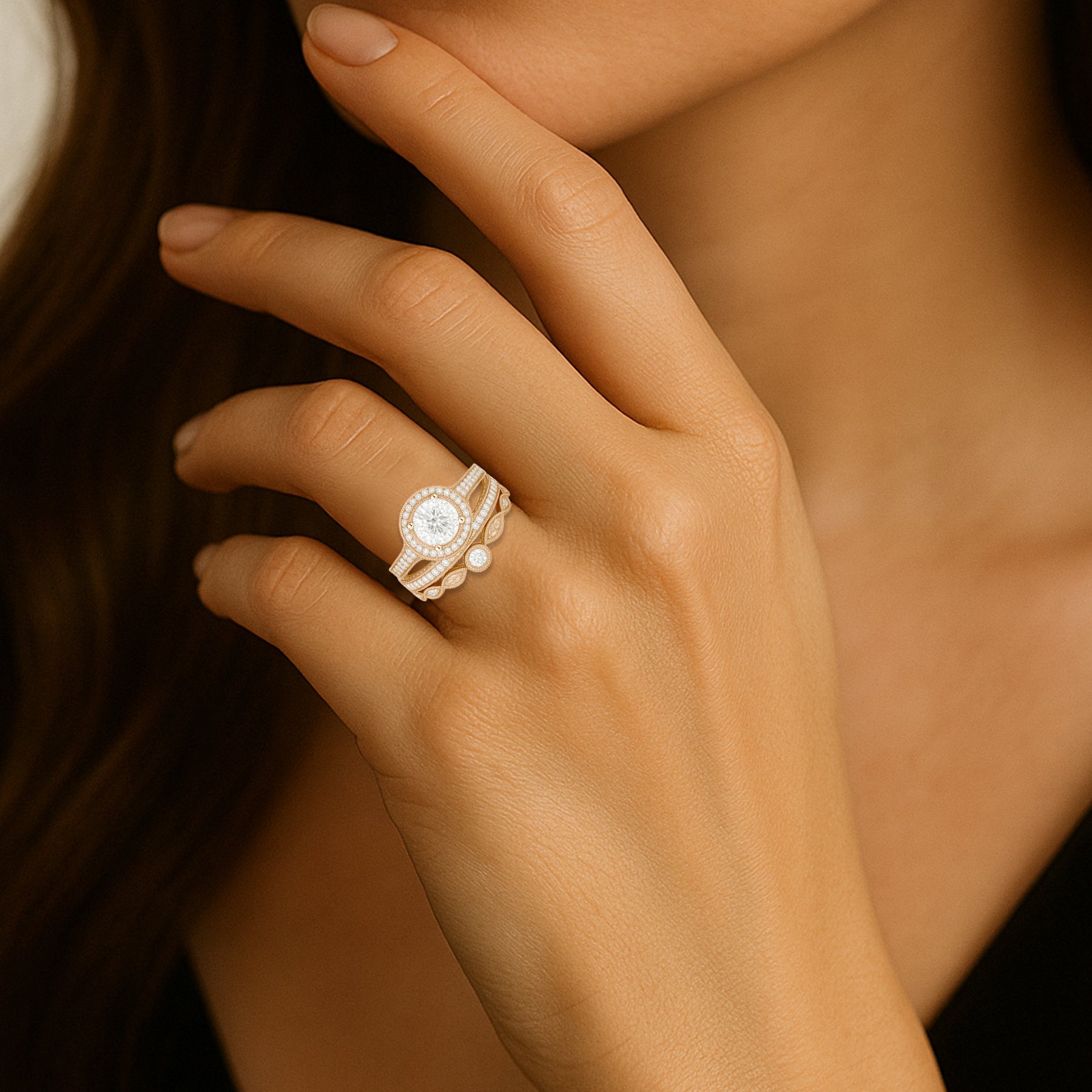 Certified 1.10 Ct Round Lab Diamond Halo Vintage Pave Trio Set