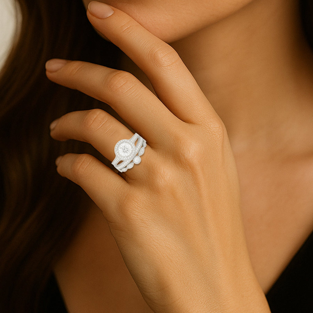 Certified 1.10 Ct Round Lab Diamond Halo Vintage Pave Trio Set