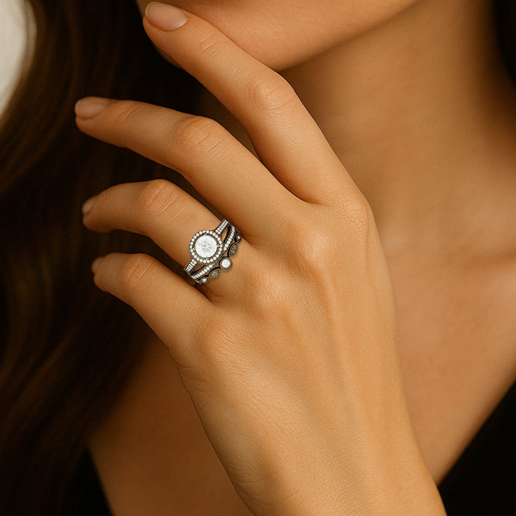 Certified 1.10 Ct Round Lab Diamond Halo Vintage Pave Trio Set