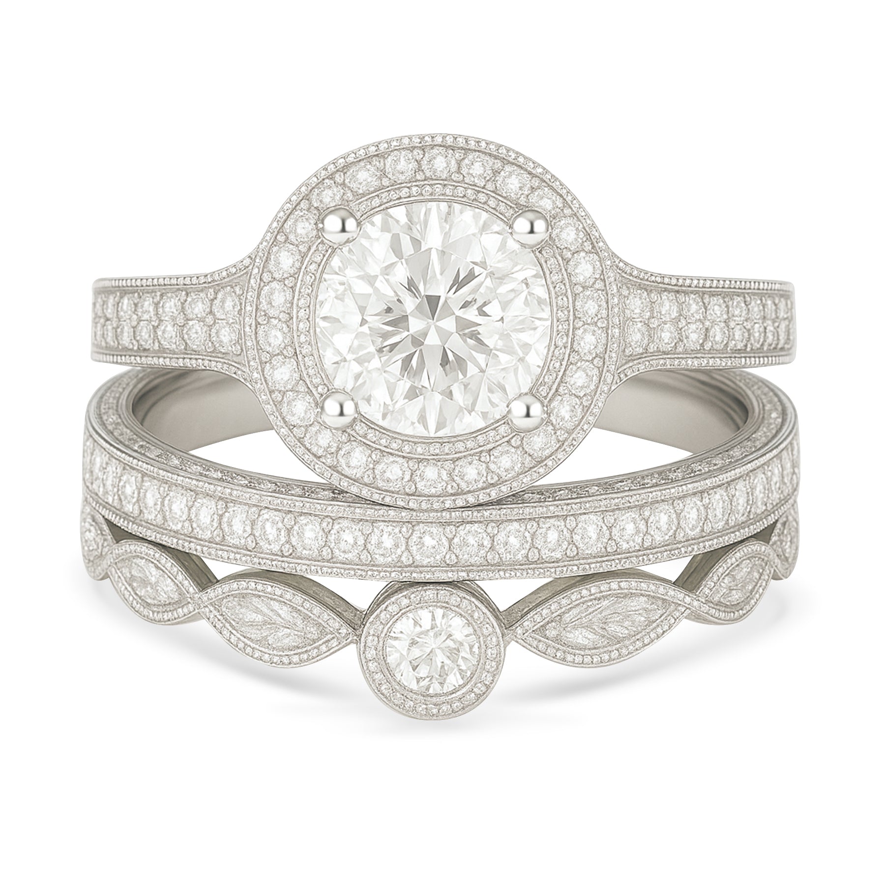 Certified 1.10 Ct Round Lab Diamond Halo Vintage Pave Trio Set