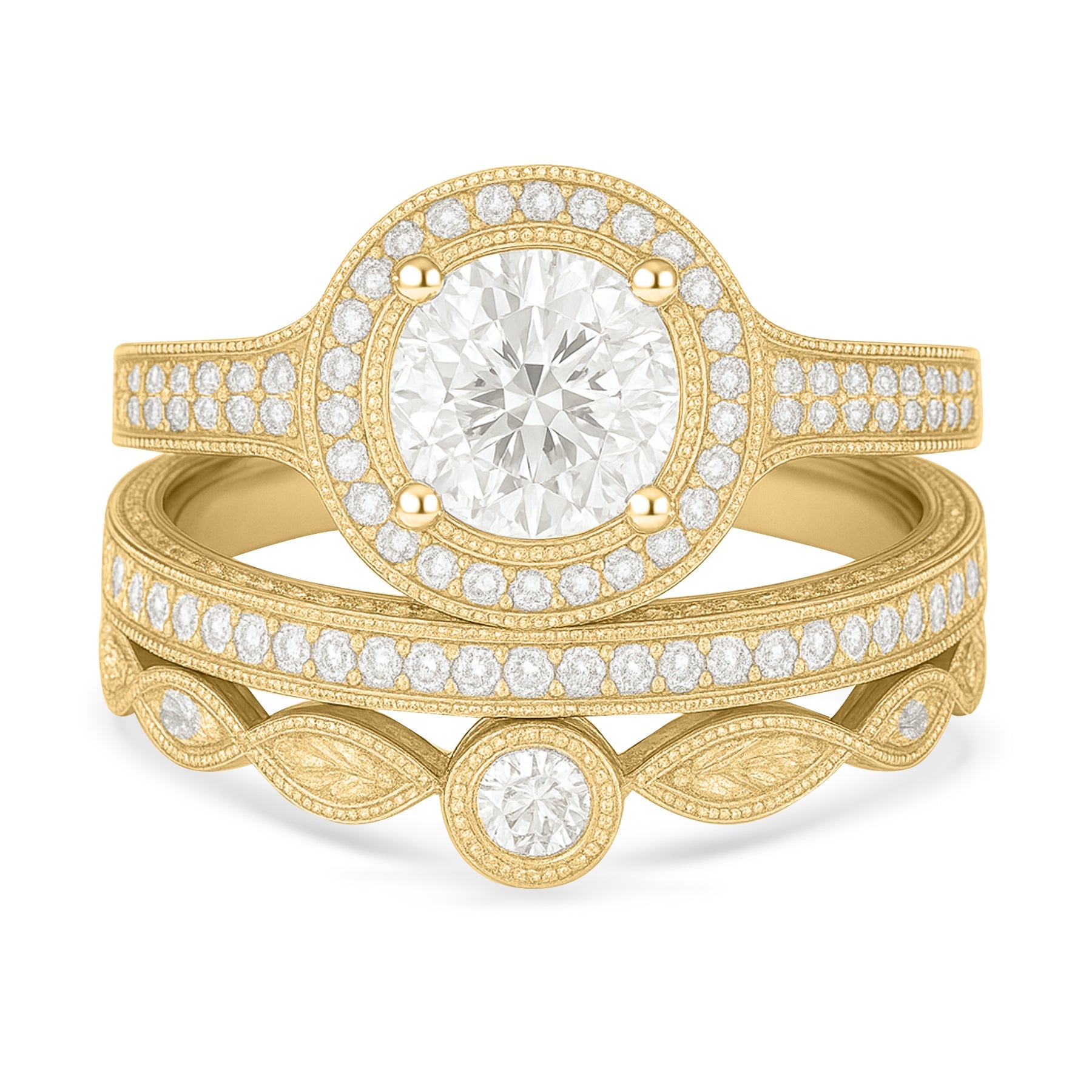 Certified 1.10 Ct Round Lab Diamond Halo Vintage Pave Trio Set