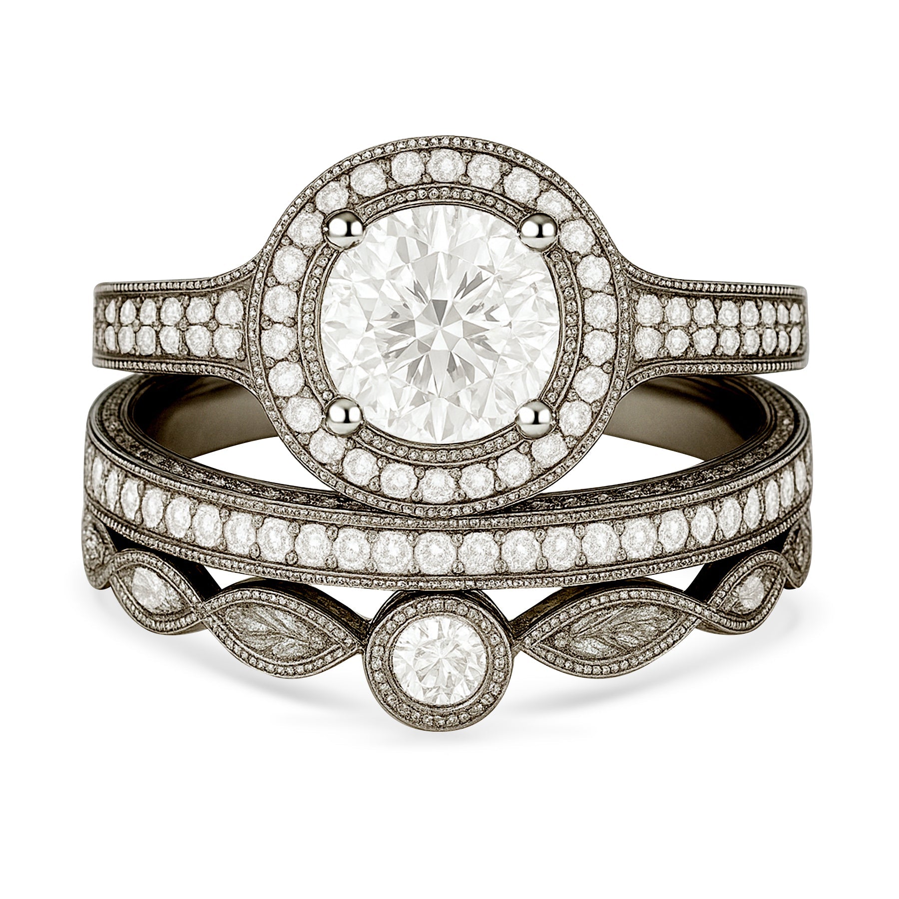 Certified 1.10 Ct Round Lab Diamond Halo Vintage Pave Trio Set