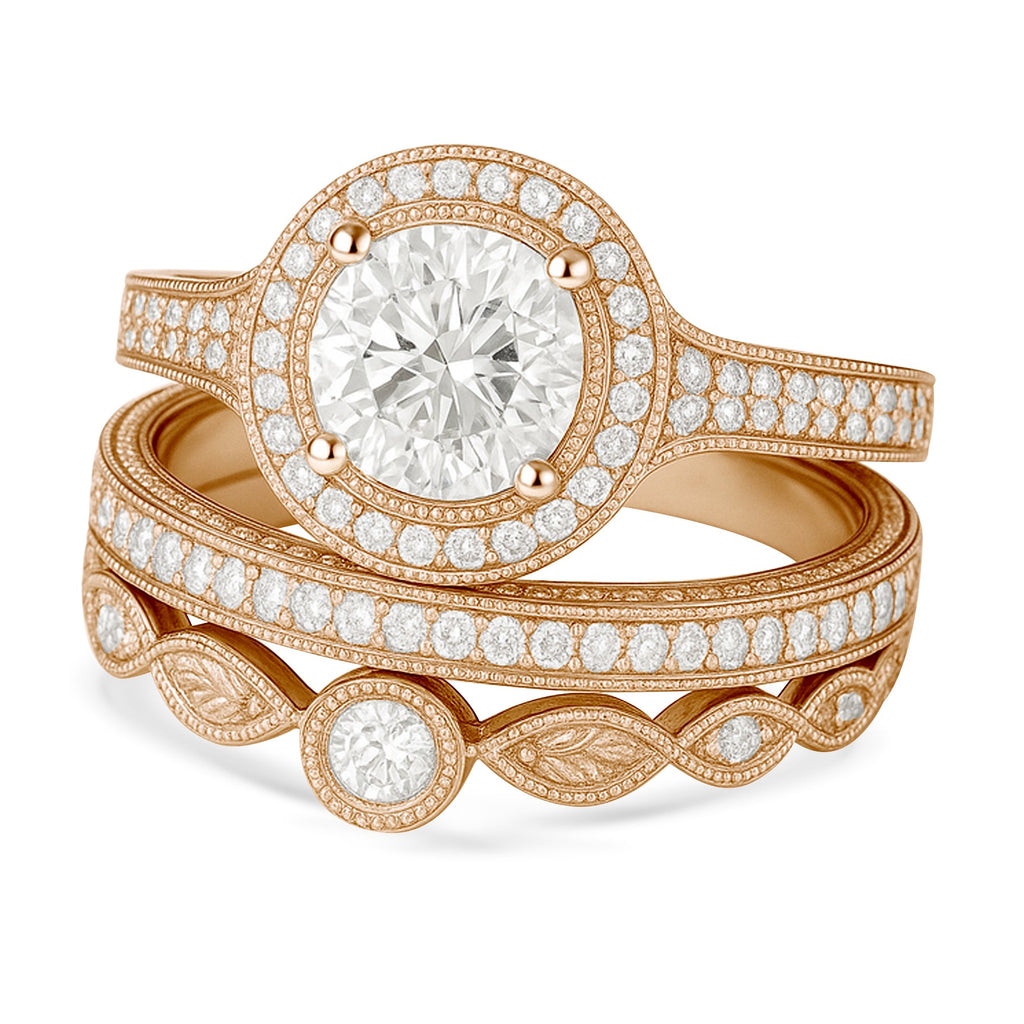 Certified 1.10 Ct Round Lab Diamond Halo Vintage Pave Trio Set