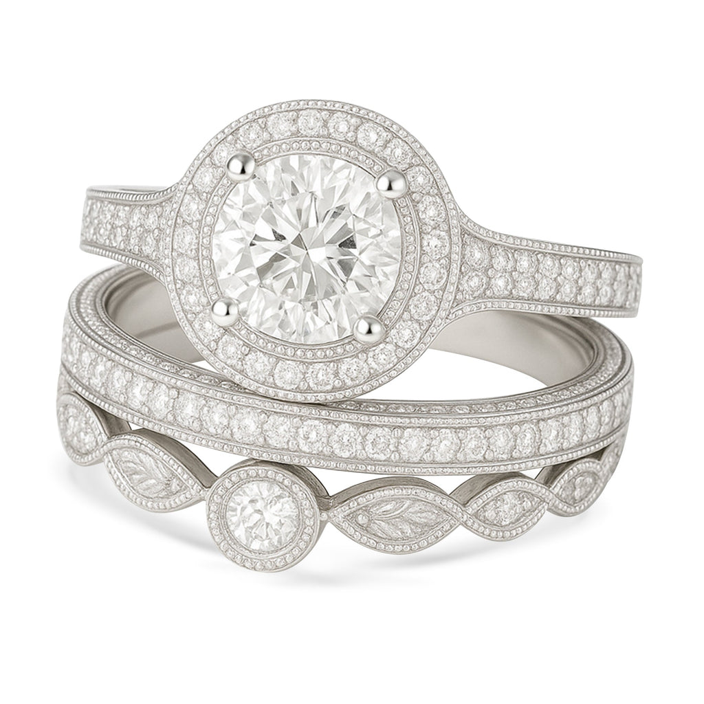 Certified 1.10 Ct Round Lab Diamond Halo Vintage Pave Trio Set