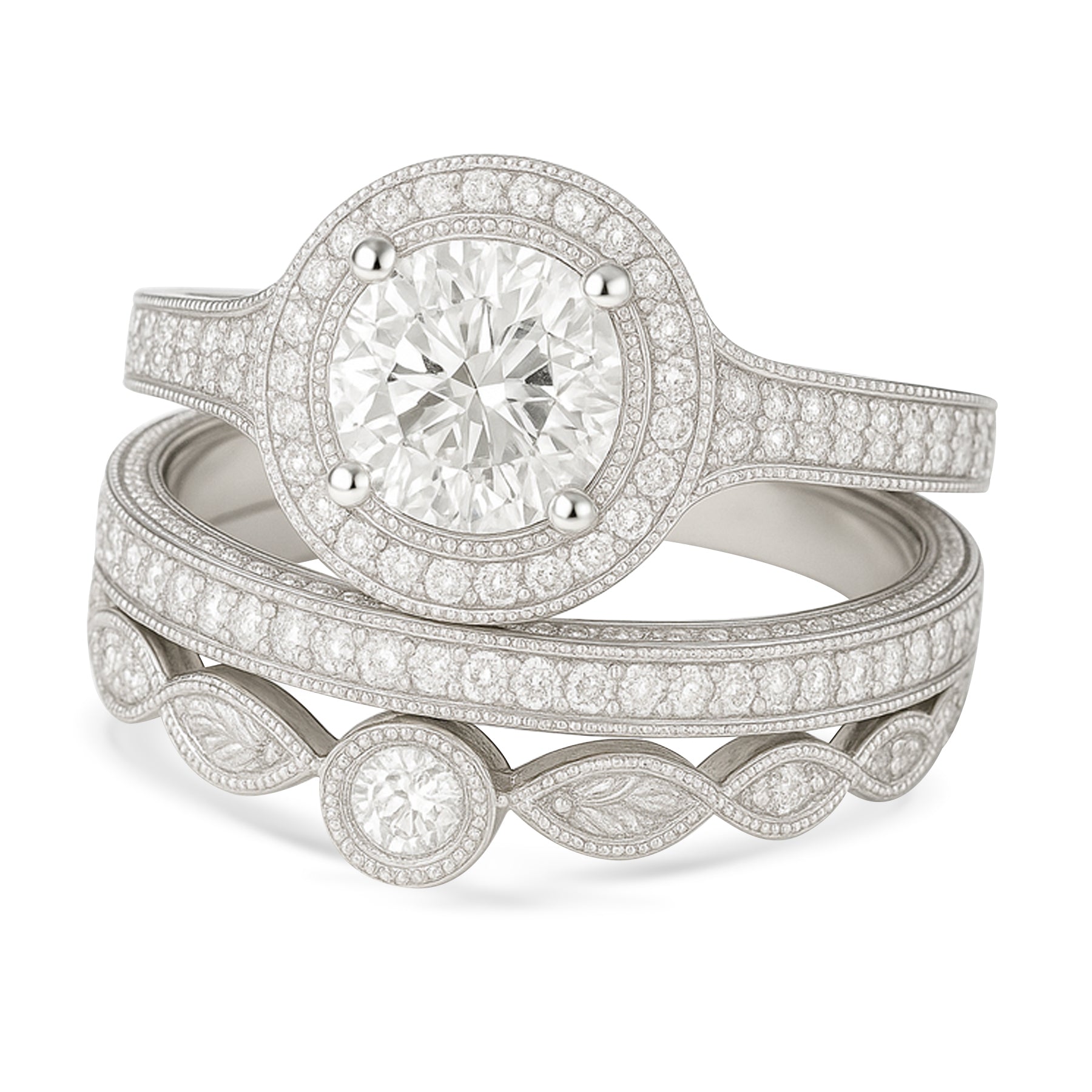 Certified 1.10 Ct Round Lab Diamond Halo Vintage Pave Trio Set