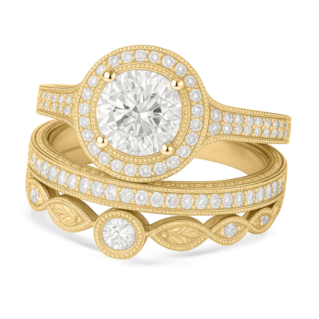 Certified 1.10 Ct Round Lab Diamond Halo Vintage Pave Trio Set