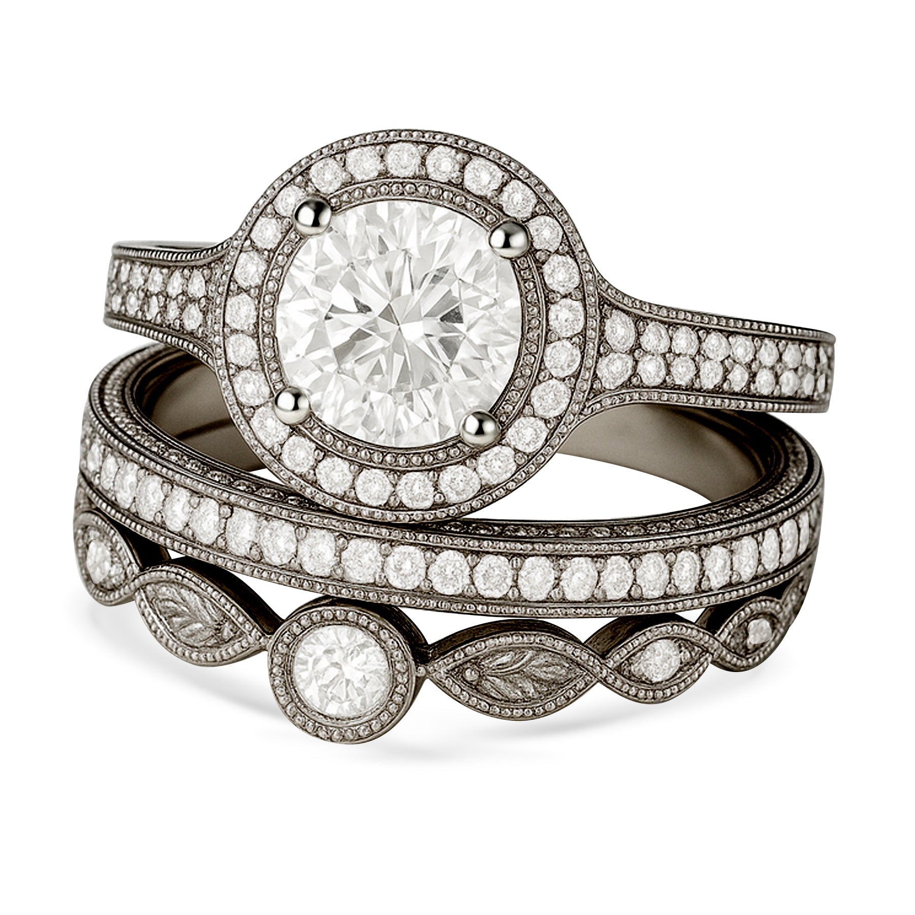 Certified 1.10 Ct Round Lab Diamond Halo Vintage Pave Trio Set