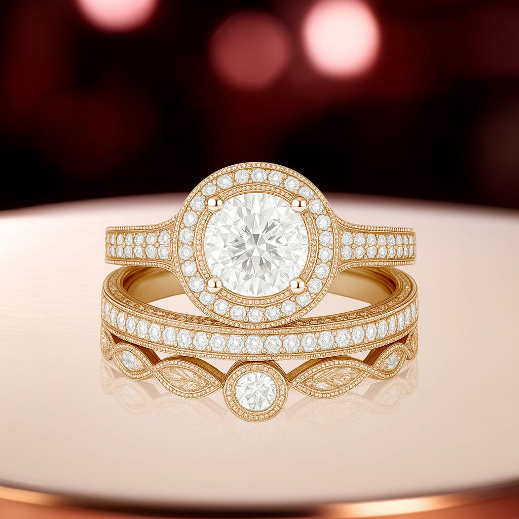 Certified 1.10 Ct Round Lab Diamond Halo Vintage Pave Trio Set