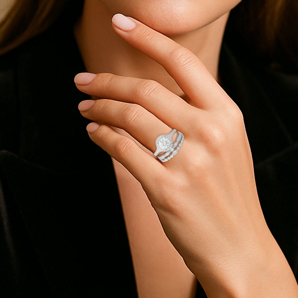 Certified 1.10 Ct Round Lab Diamond Vintage Halo Trio Set