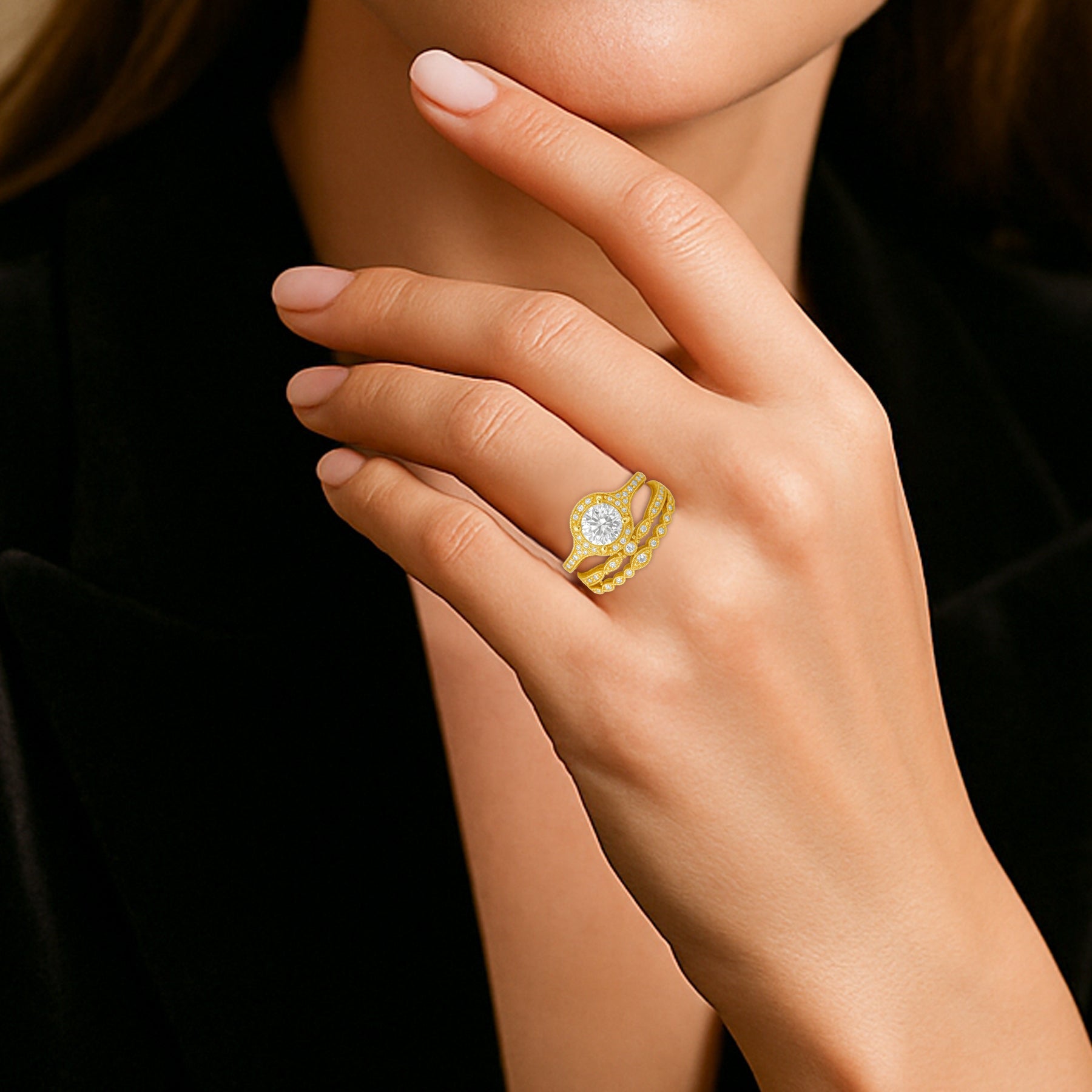 Certified 1.10 Ct Round Lab Diamond Vintage Halo Trio Set