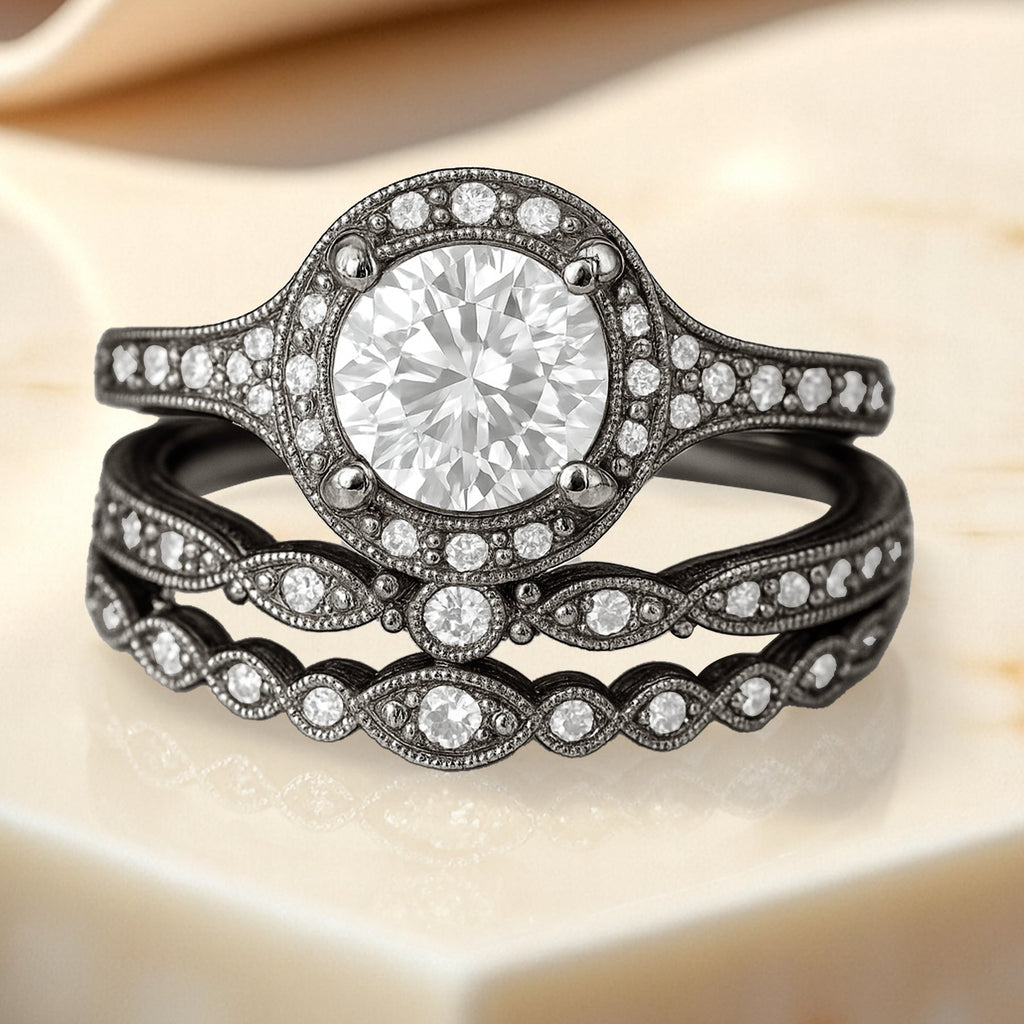 Certified 1.10 Ct Round Lab Diamond Vintage Halo Trio Set