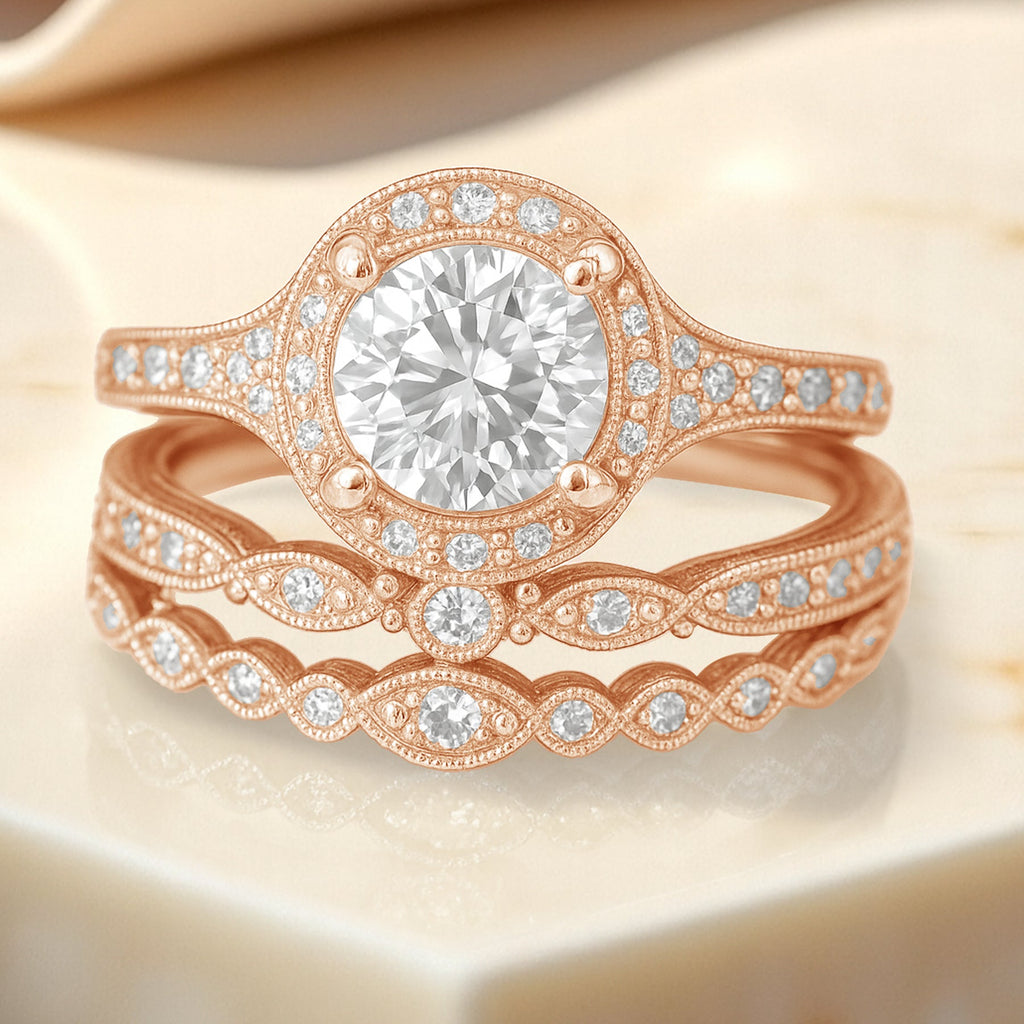 Certified 1.10 Ct Round Lab Diamond Vintage Halo Trio Set