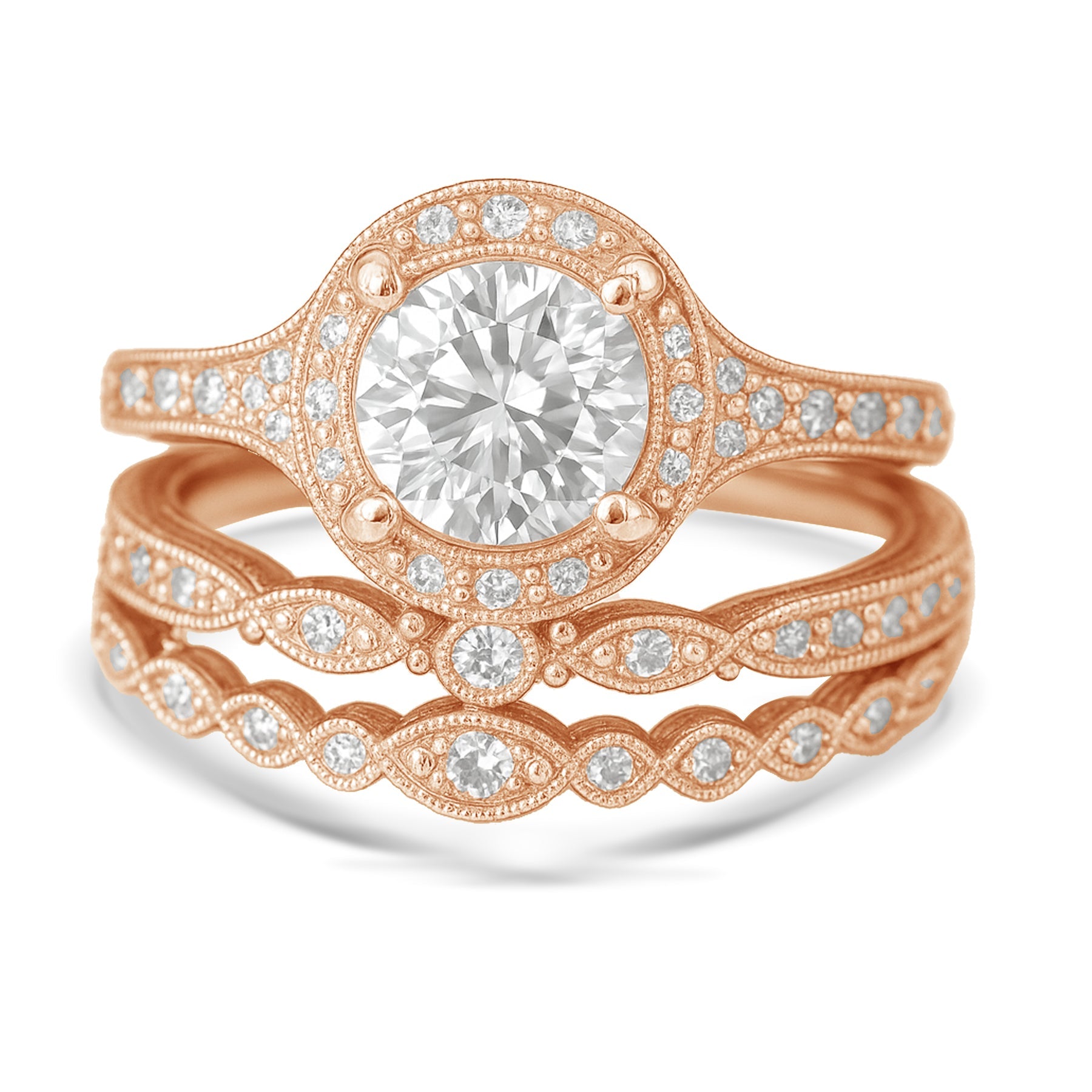 Certified 1.10 Ct Round Lab Diamond Vintage Halo Trio Set