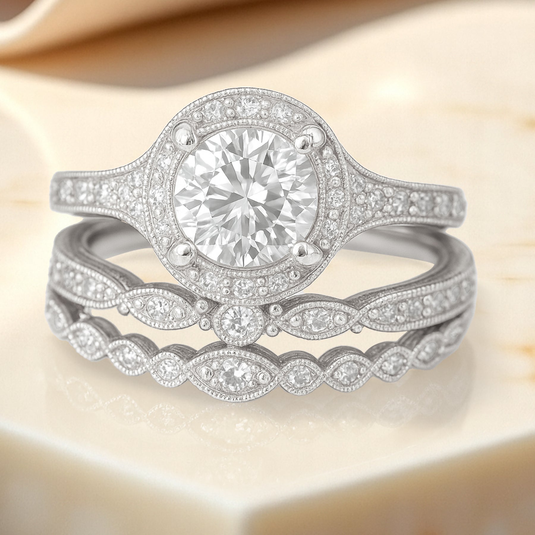 Certified 1.10 Ct Round Lab Diamond Vintage Halo Trio Set