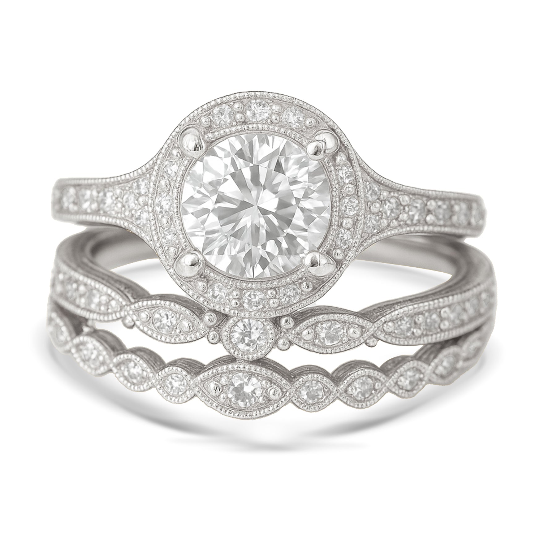 Certified 1.10 Ct Round Lab Diamond Vintage Halo Trio Set