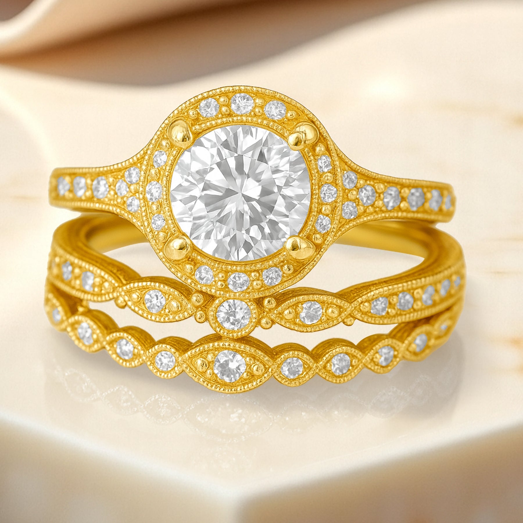 Certified 1.10 Ct Round Lab Diamond Vintage Halo Trio Set