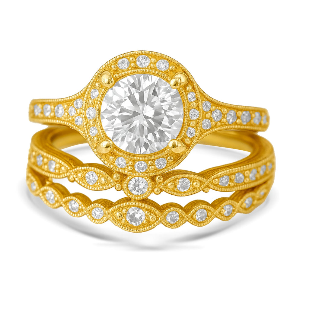 Certified 1.10 Ct Round Lab Diamond Vintage Halo Trio Set