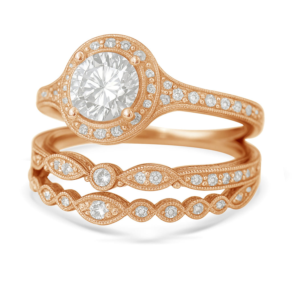 Certified 1.10 Ct Round Lab Diamond Vintage Halo Trio Set