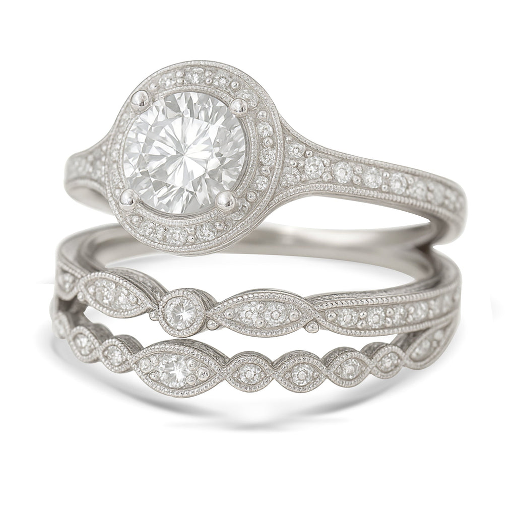 Certified 1.10 Ct Round Lab Diamond Vintage Halo Trio Set