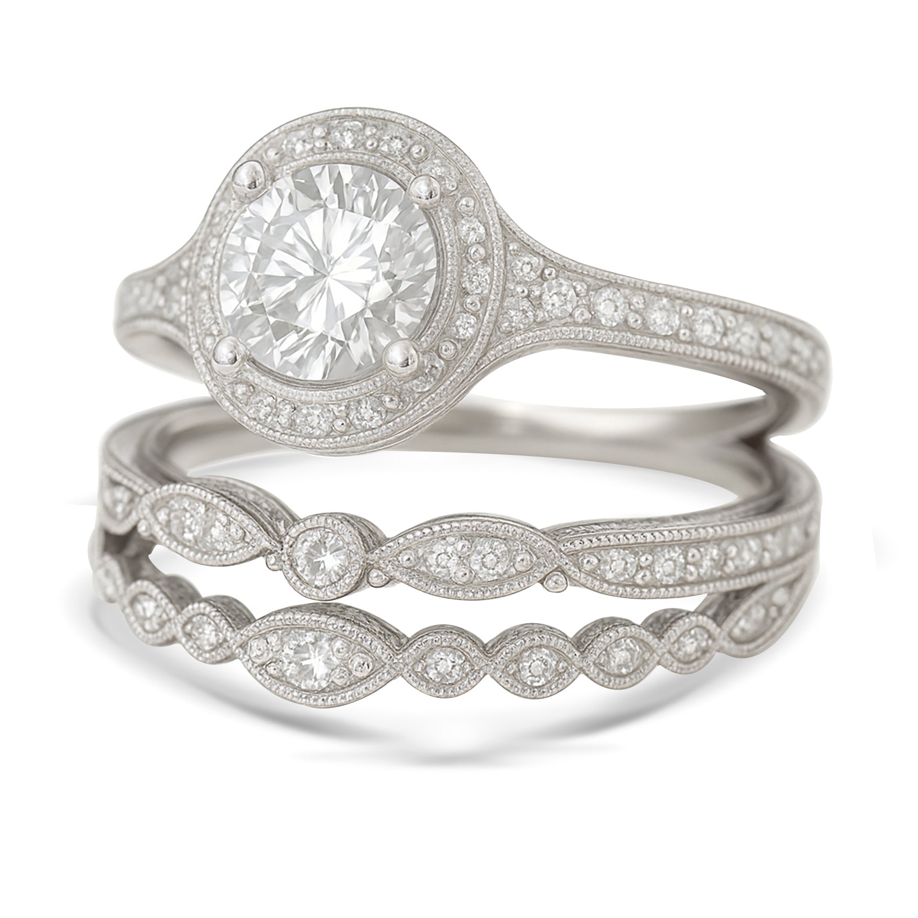 Certified 1.10 Ct Round Lab Diamond Vintage Halo Trio Set