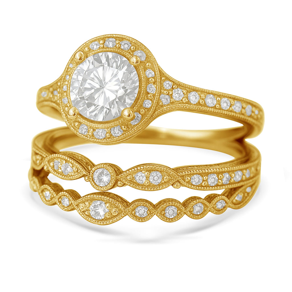 Certified 1.10 Ct Round Lab Diamond Vintage Halo Trio Set