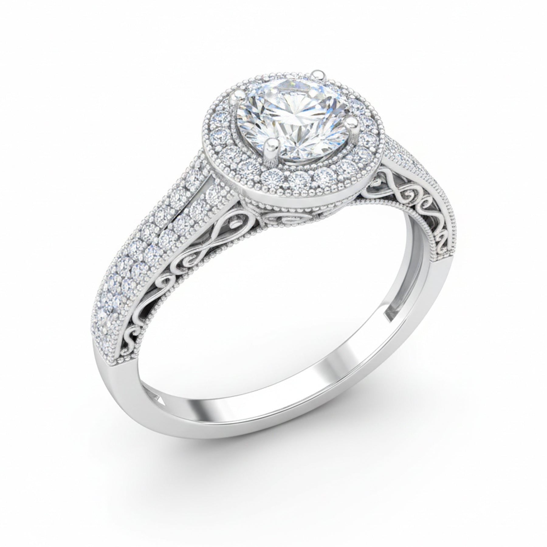 1.35 Ct Round Moissanite Halo Split Shank Engagement Ring