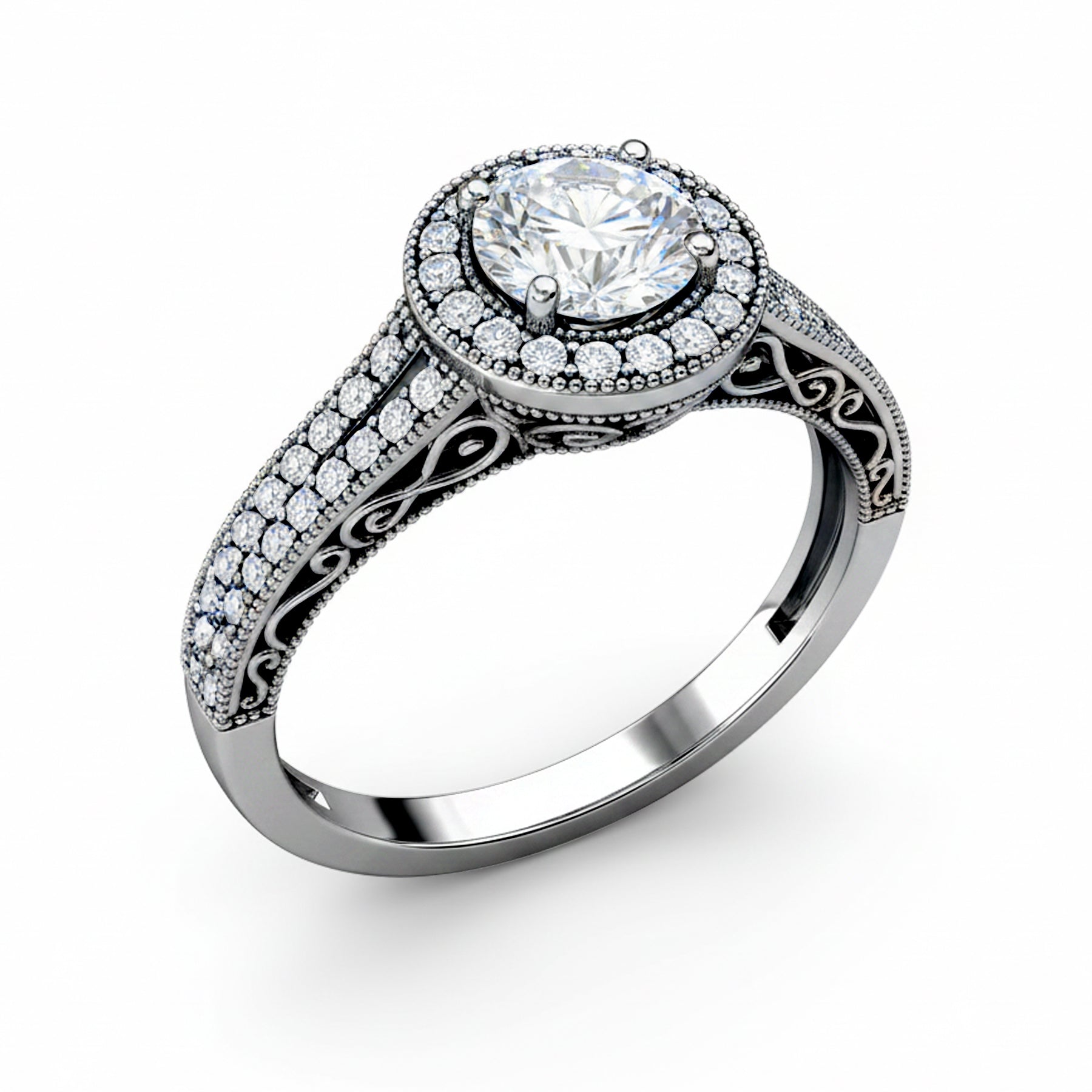 1.35 Ct Round Moissanite Halo Split Shank Engagement Ring