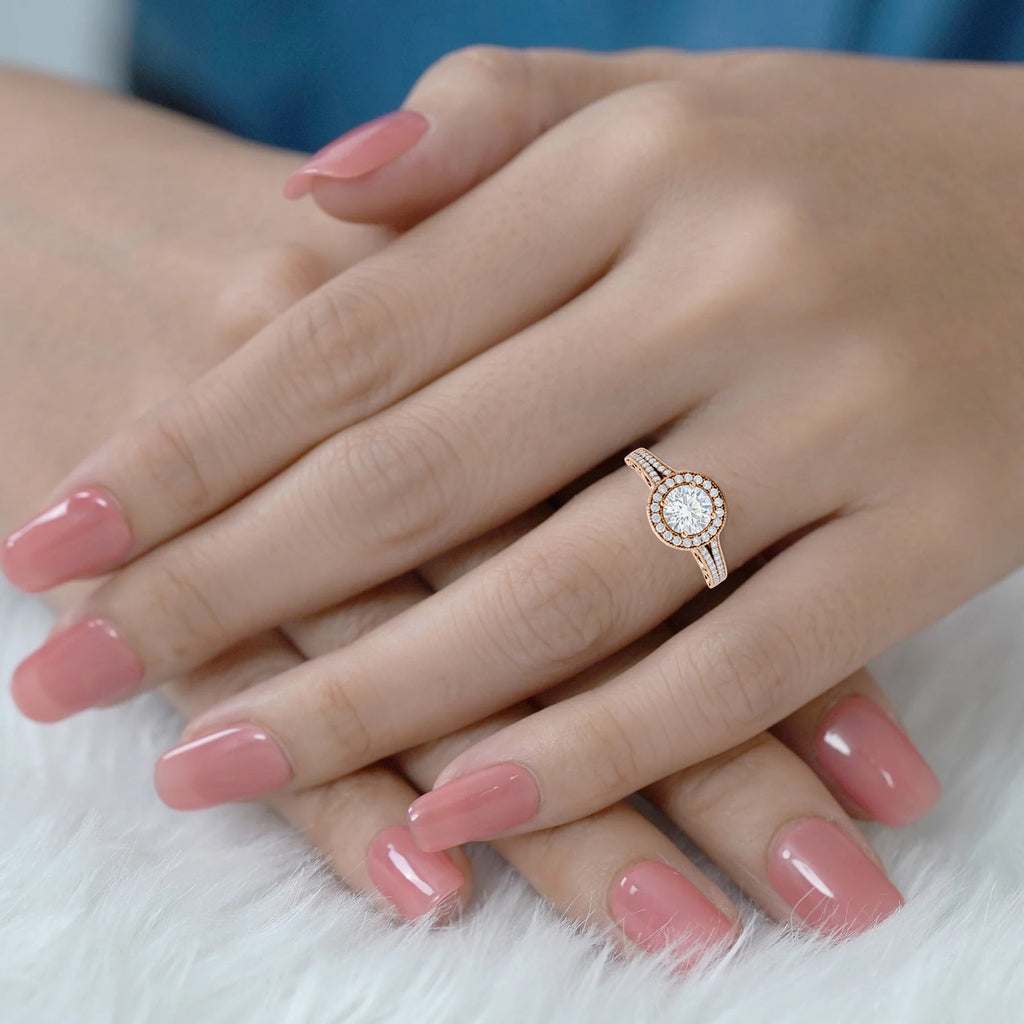 1.35 Ct Round Moissanite Halo Split Shank Engagement Ring