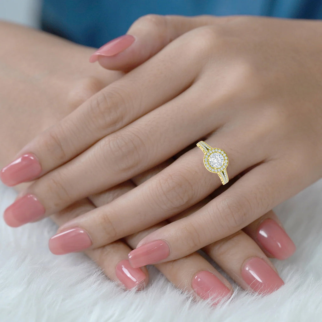 1.35 Ct Round Moissanite Halo Split Shank Engagement Ring