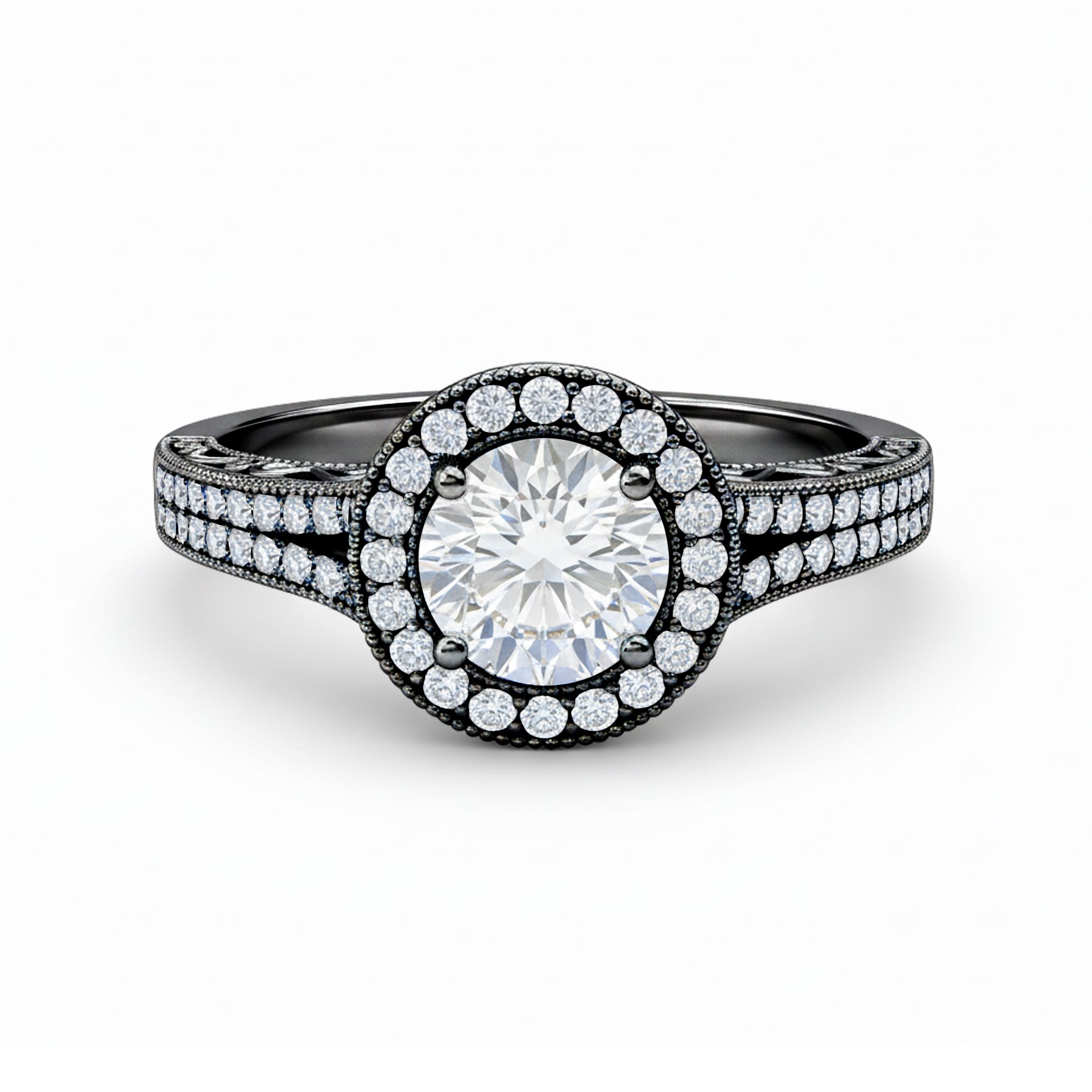 1.35 Ct Round Moissanite Halo Split Shank Engagement Ring