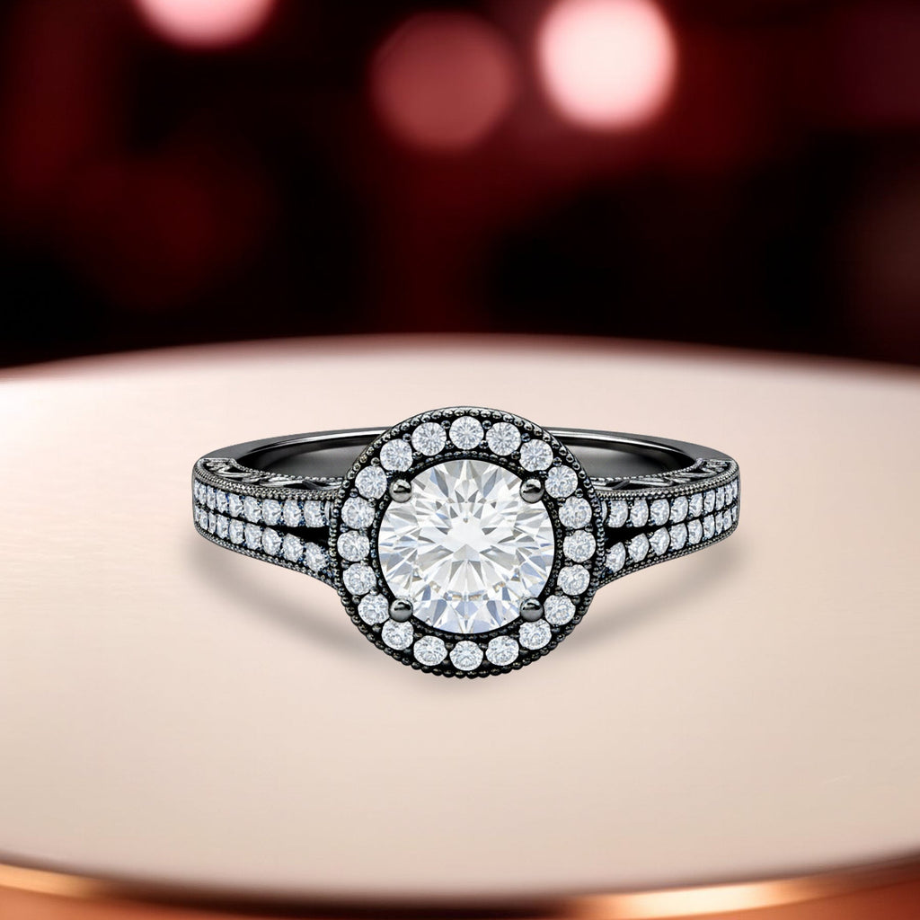 1.35 Ct Round Moissanite Halo Split Shank Engagement Ring