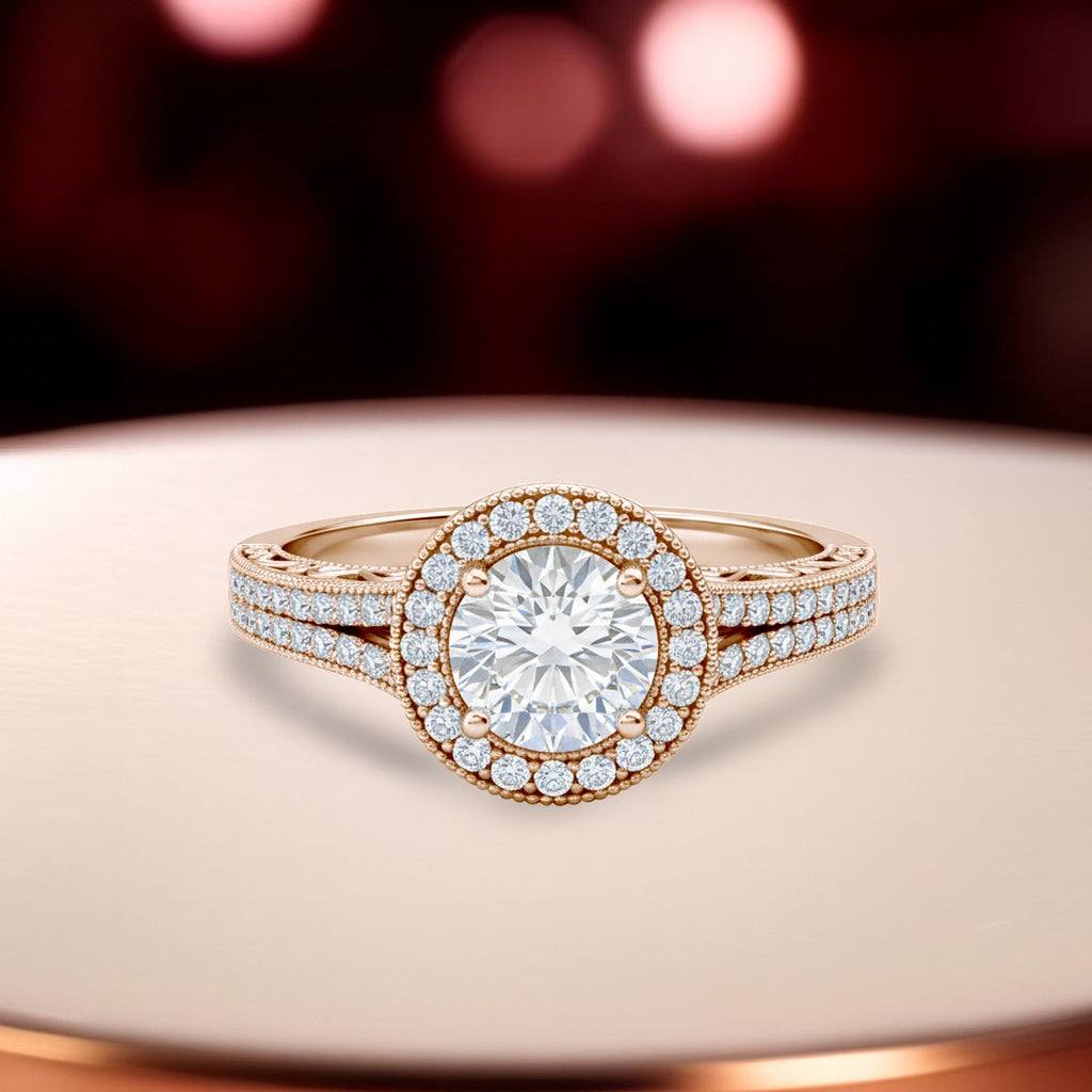 1.35 Ct Round Moissanite Halo Split Shank Engagement Ring