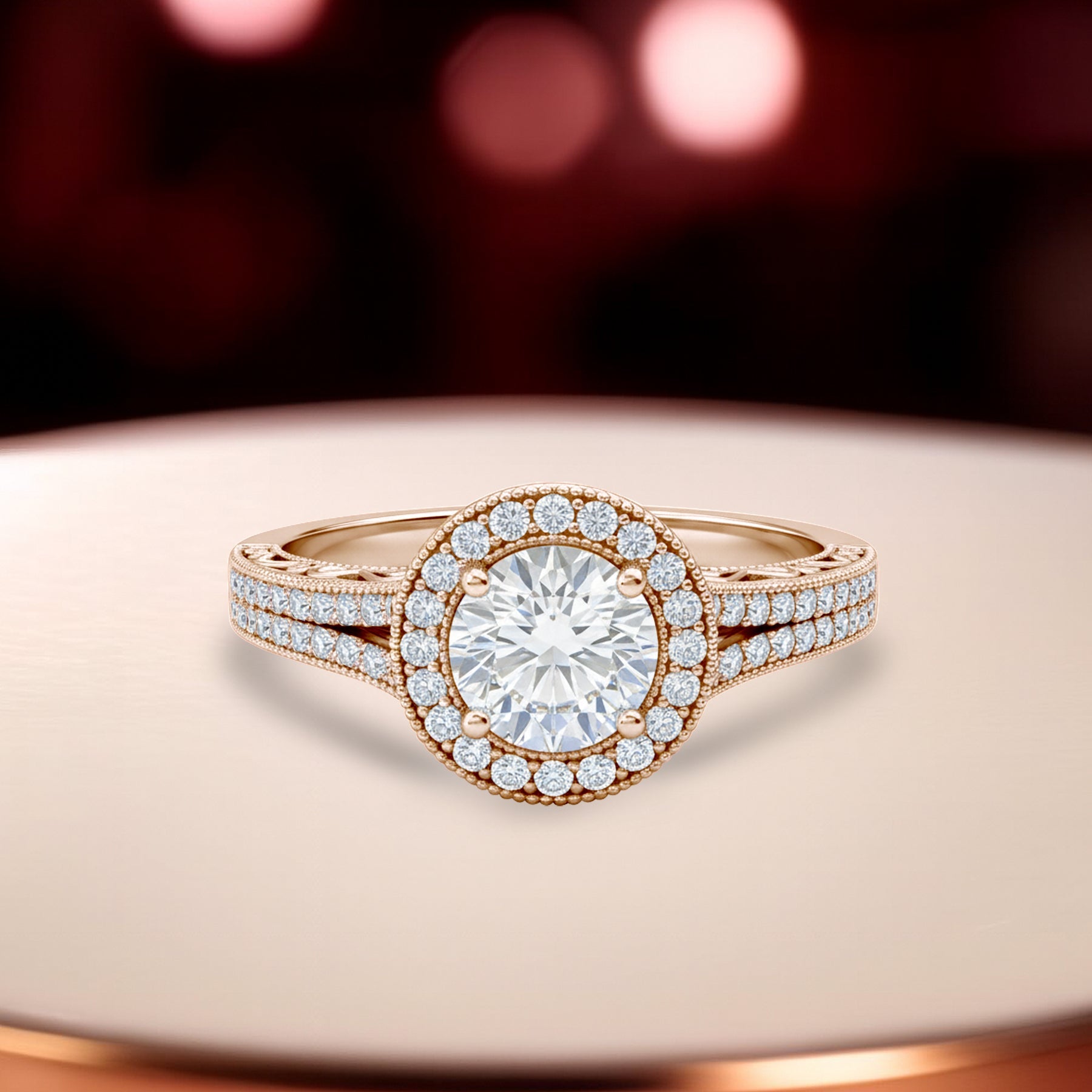 1.35 Ct Round Moissanite Halo Split Shank Engagement Ring