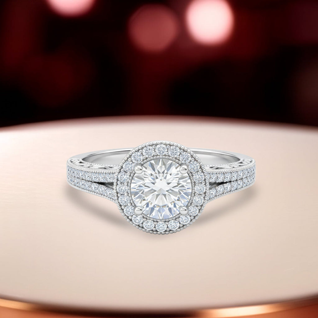 1.35 Ct Round Moissanite Halo Split Shank Engagement Ring