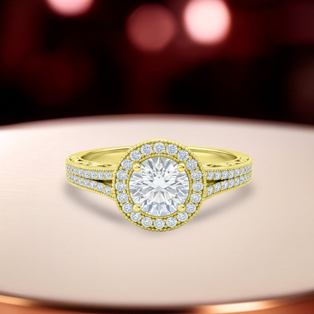 1.35 Ct Round Moissanite Halo Split Shank Engagement Ring