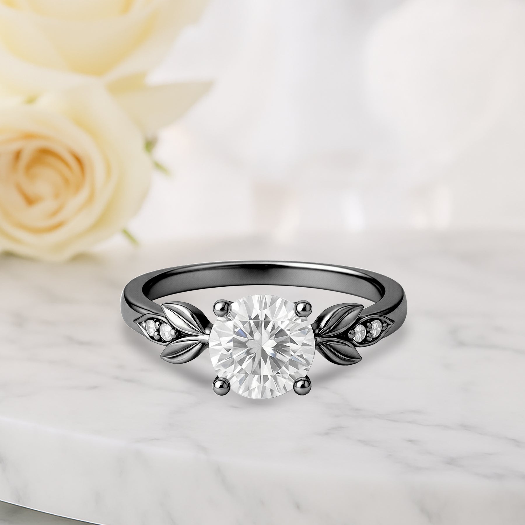 1.05 Ct Round Moissanite Leaf-Inspired Nature Engagement Ring