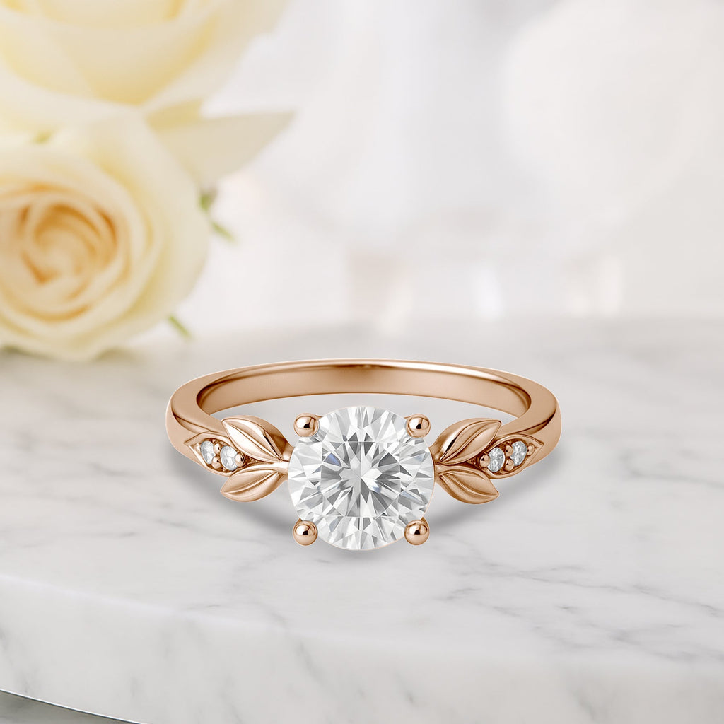 1.05 Ct Round Moissanite Leaf-Inspired Nature Engagement Ring