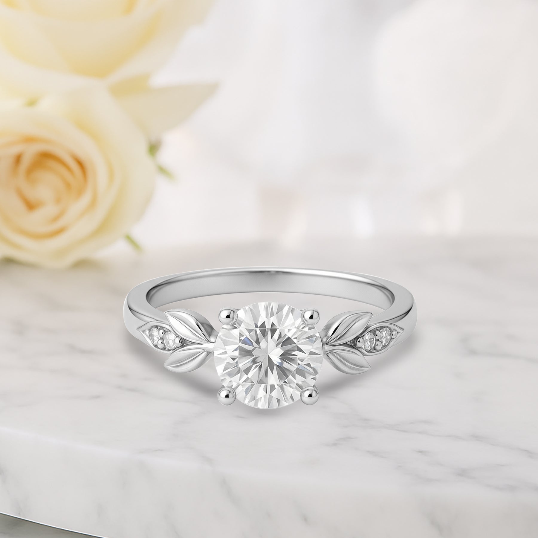 1.05 Ct Round Moissanite Leaf-Inspired Nature Engagement Ring