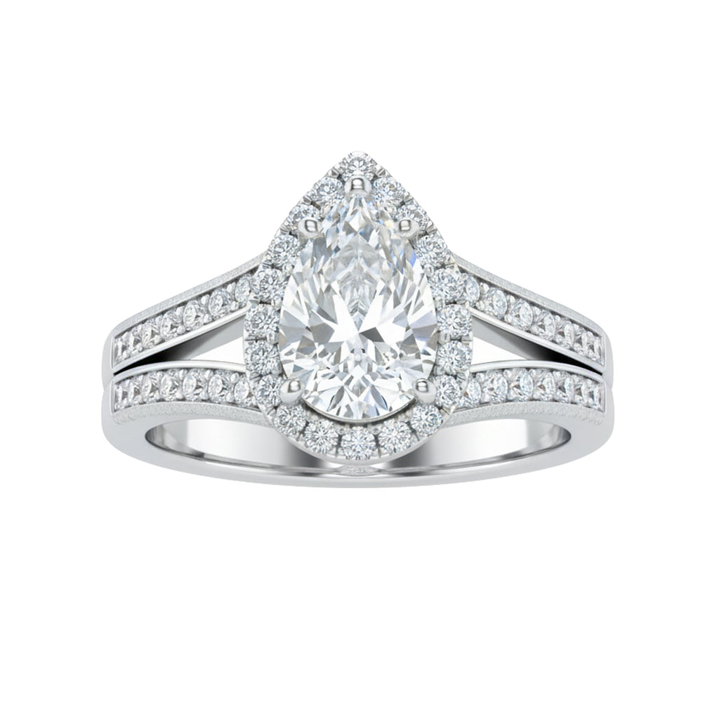 1.30 Ct Pear Moissanite Halo Split Shank Engagement Ring
