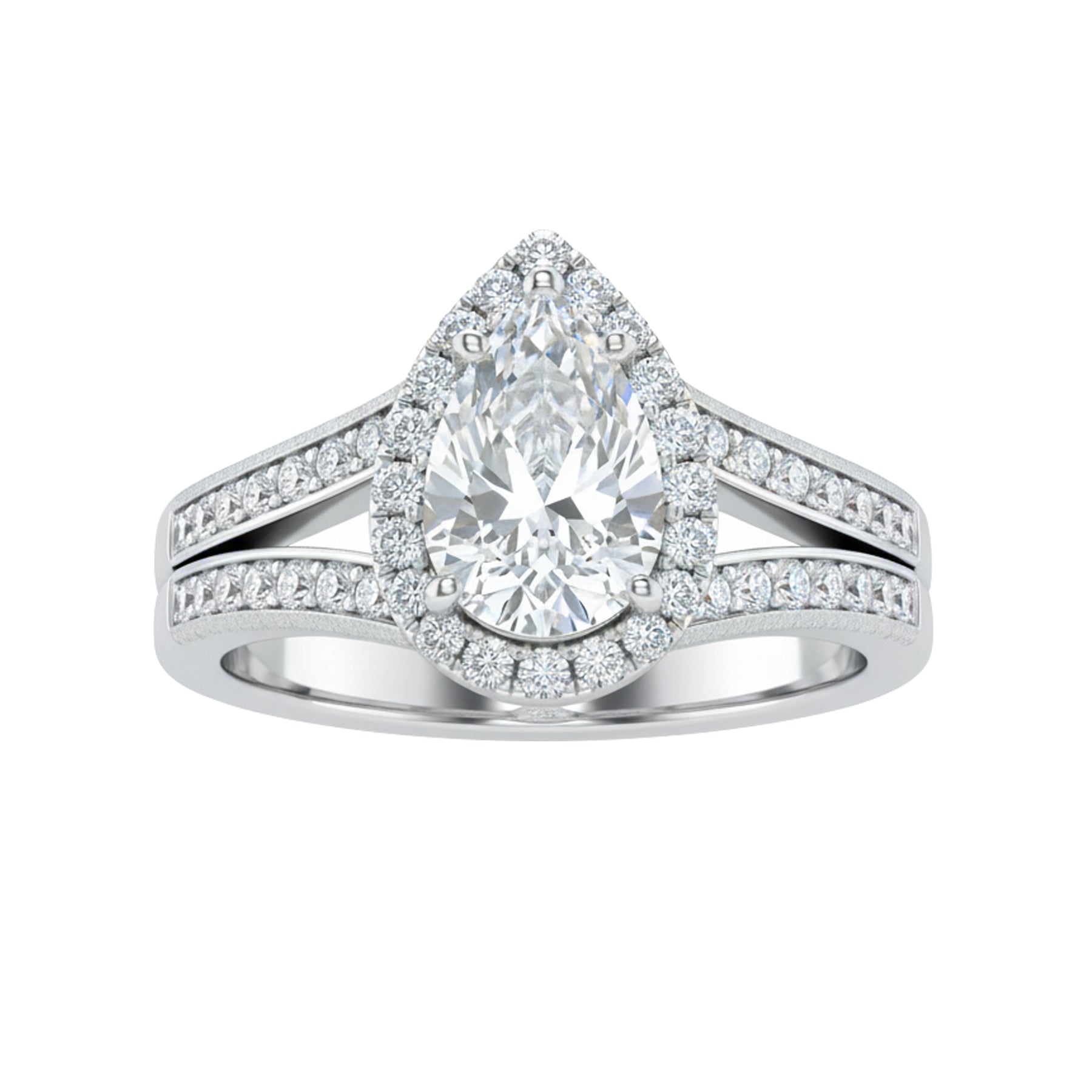 1.30 Ct Pear Moissanite Halo Split Shank Engagement Ring