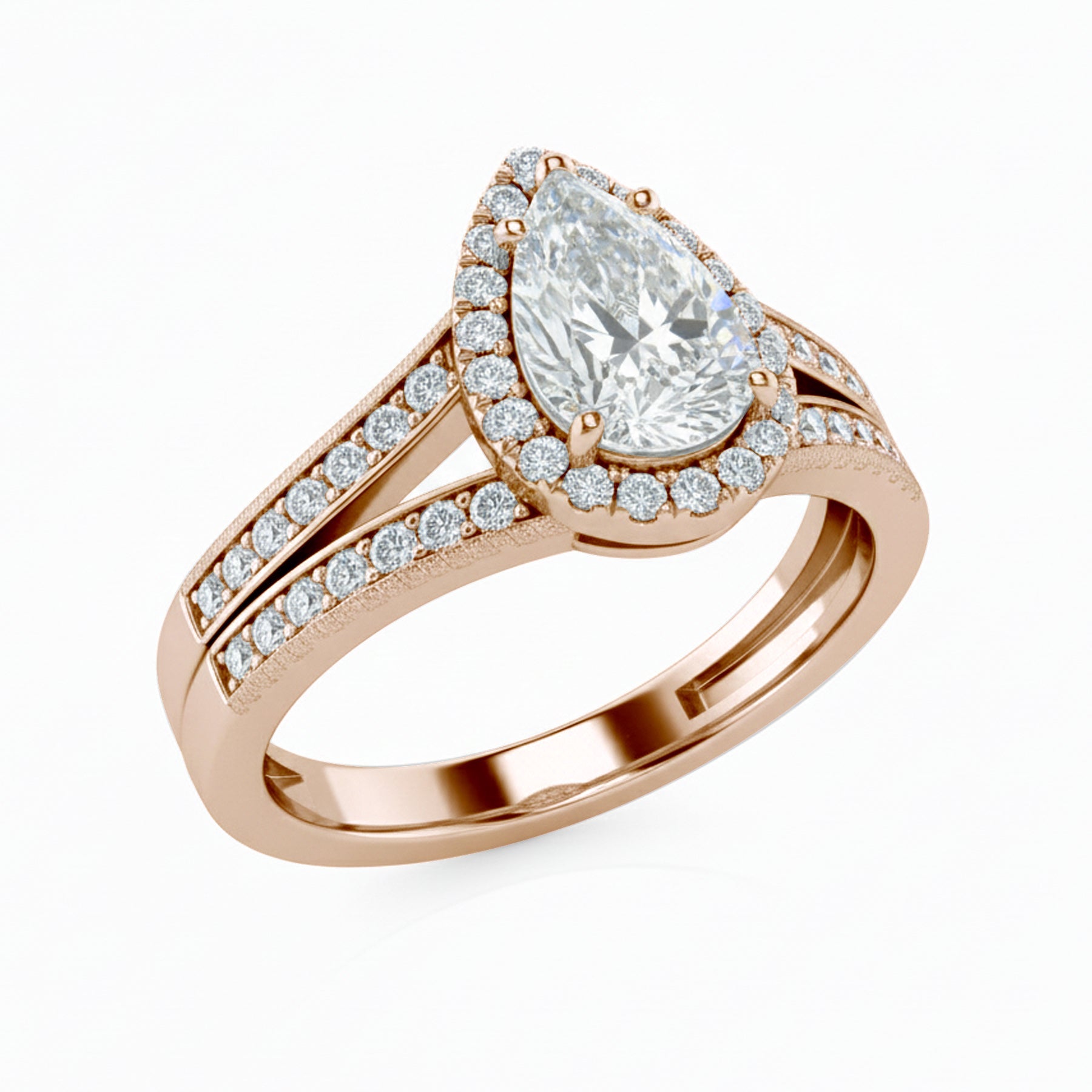 1.30 Ct Pear Moissanite Halo Split Shank Engagement Ring