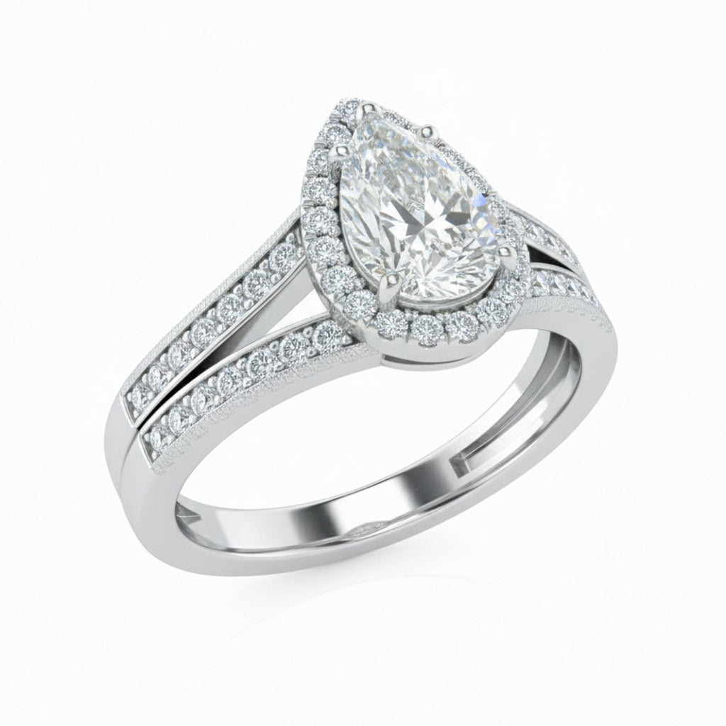 1.30 Ct Pear Moissanite Halo Split Shank Engagement Ring