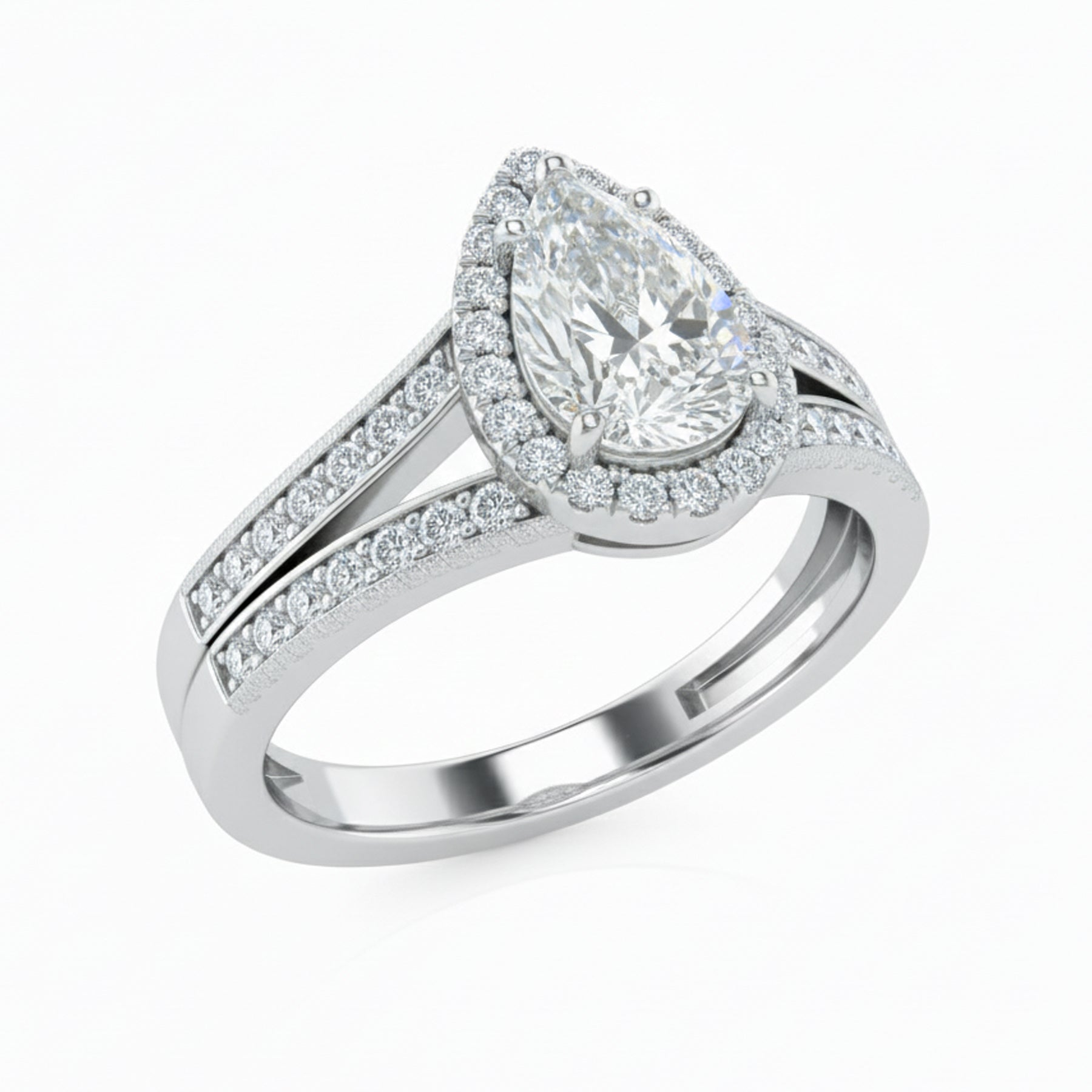 1.30 Ct Pear Moissanite Halo Split Shank Engagement Ring