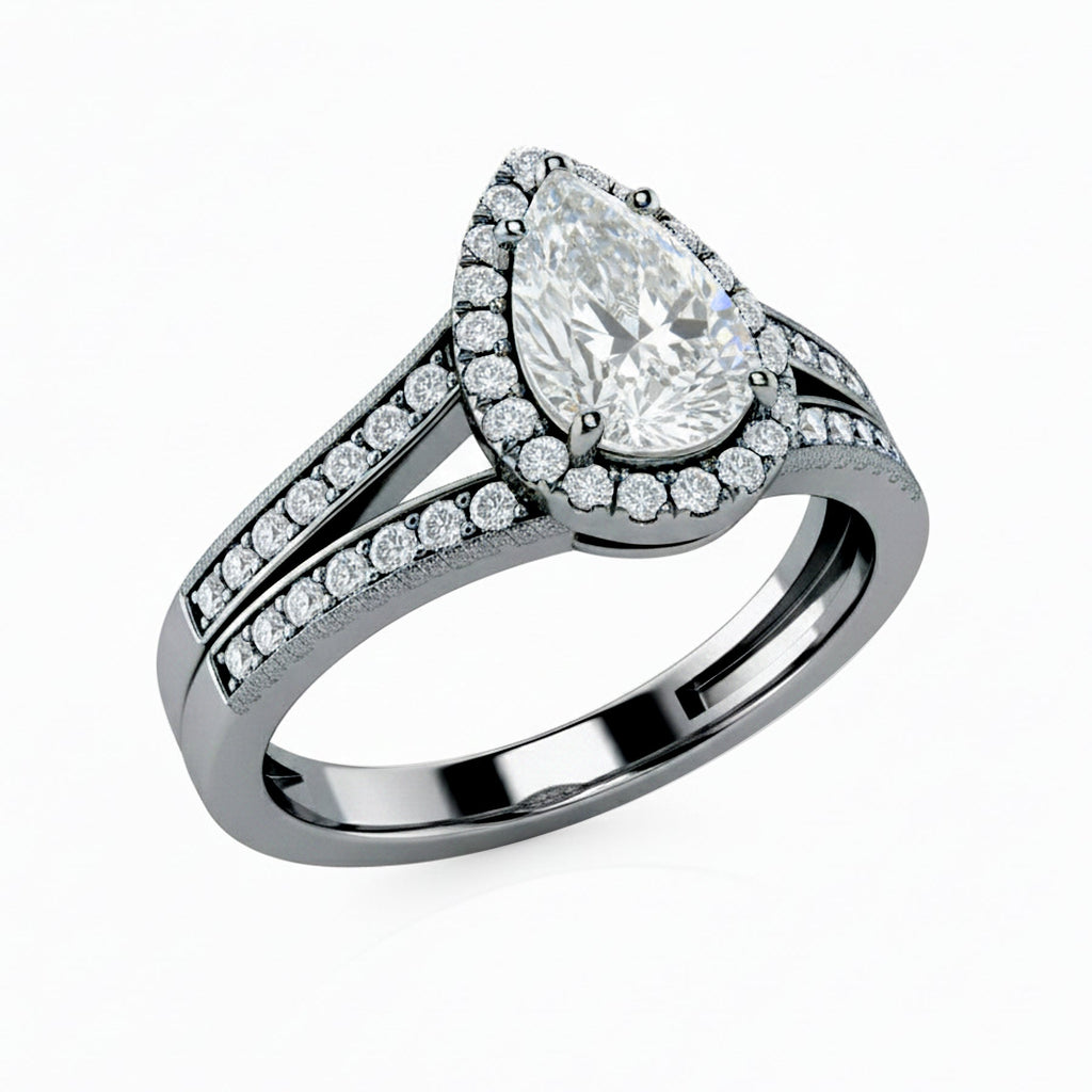 1.30 Ct Pear Moissanite Halo Split Shank Engagement Ring
