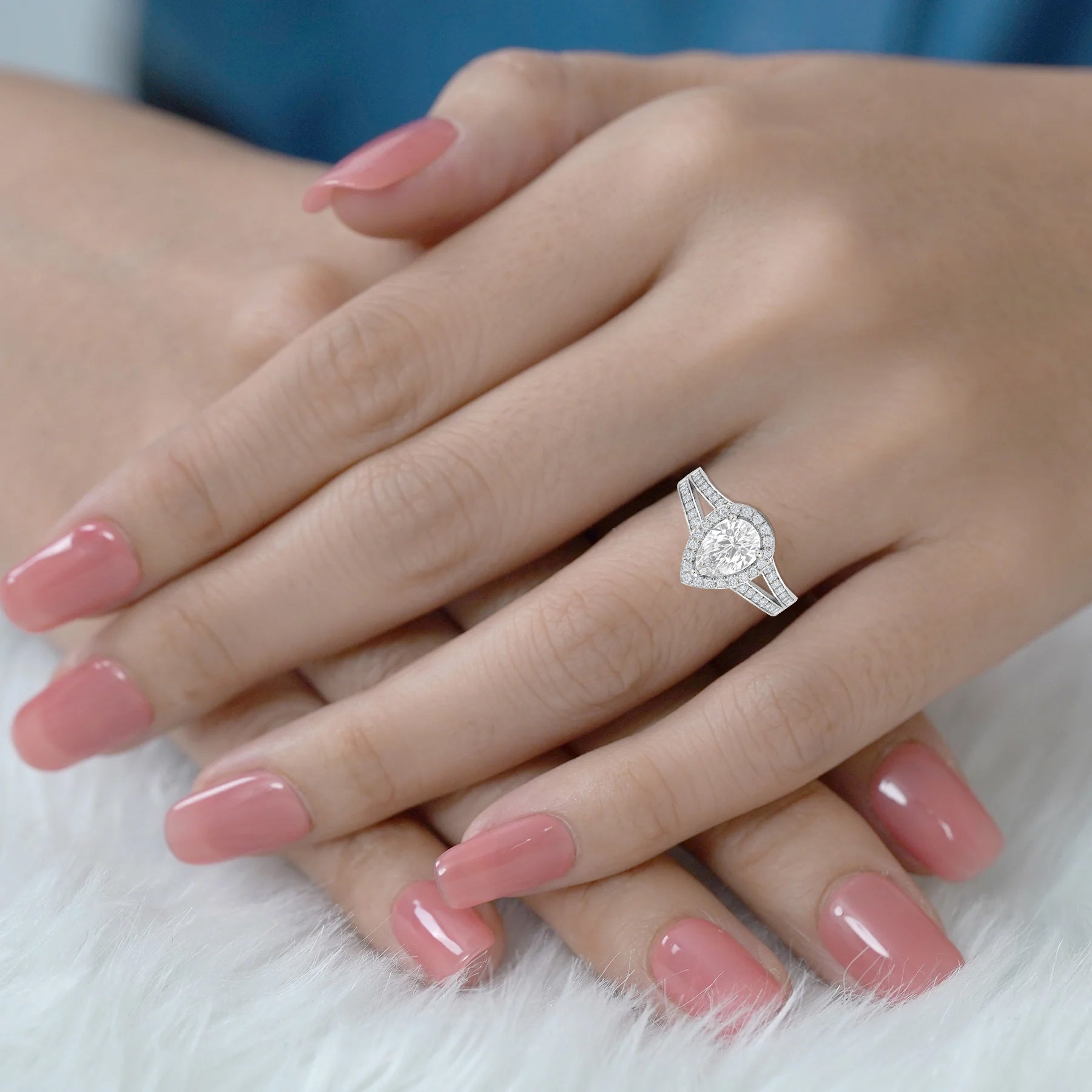 1.30 Ct Pear Moissanite Halo Split Shank Engagement Ring