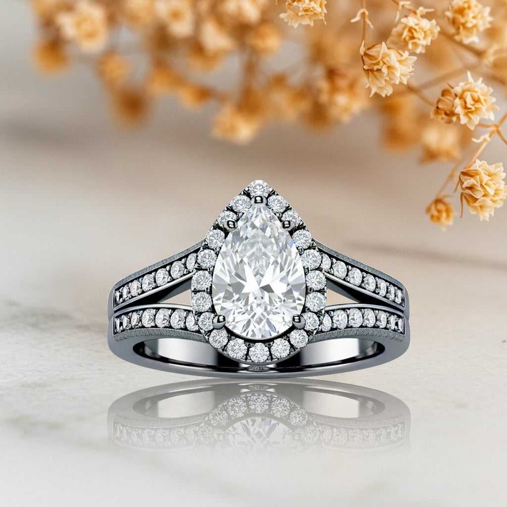 1.30 Ct Pear Moissanite Halo Split Shank Engagement Ring
