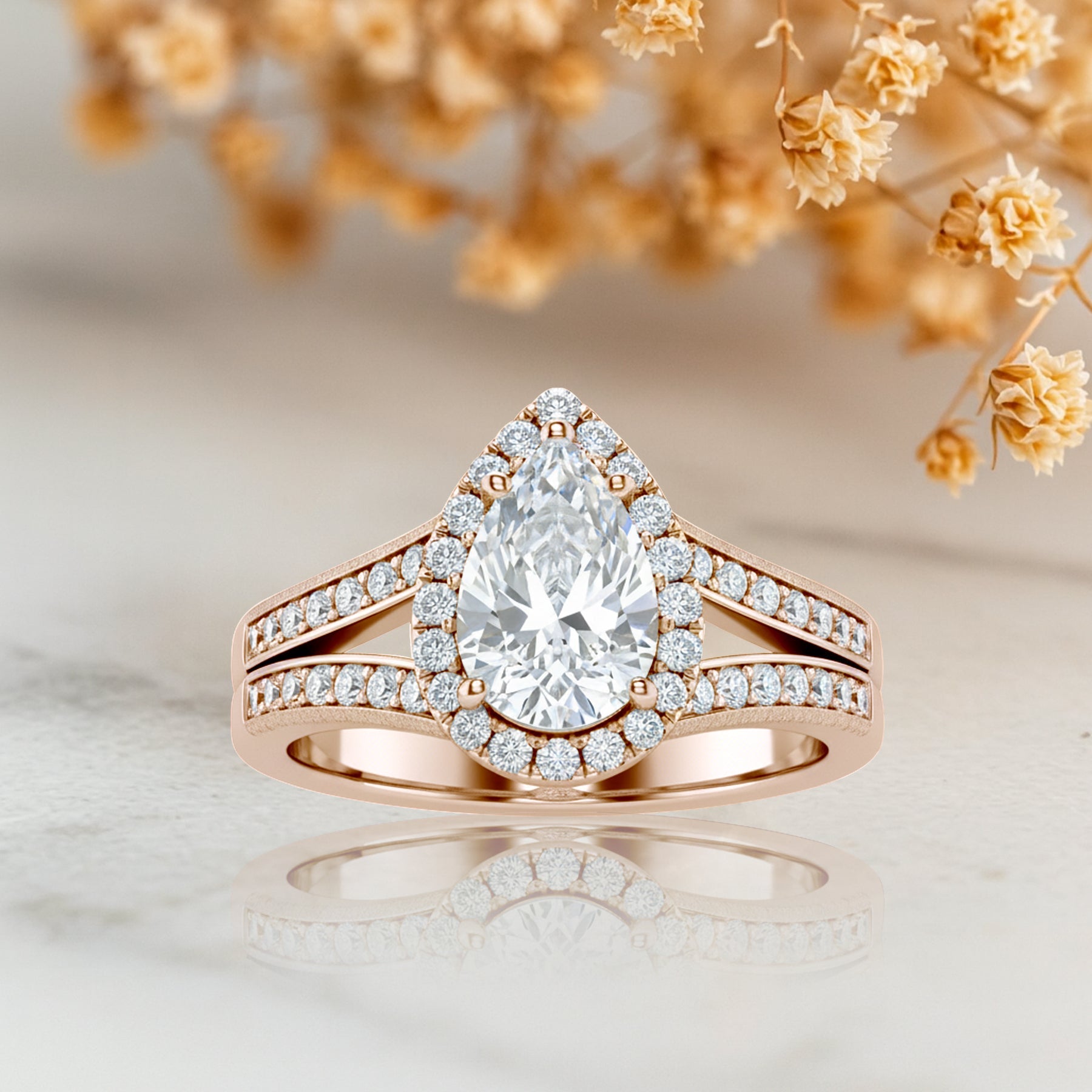 1.30 Ct Pear Moissanite Halo Split Shank Engagement Ring