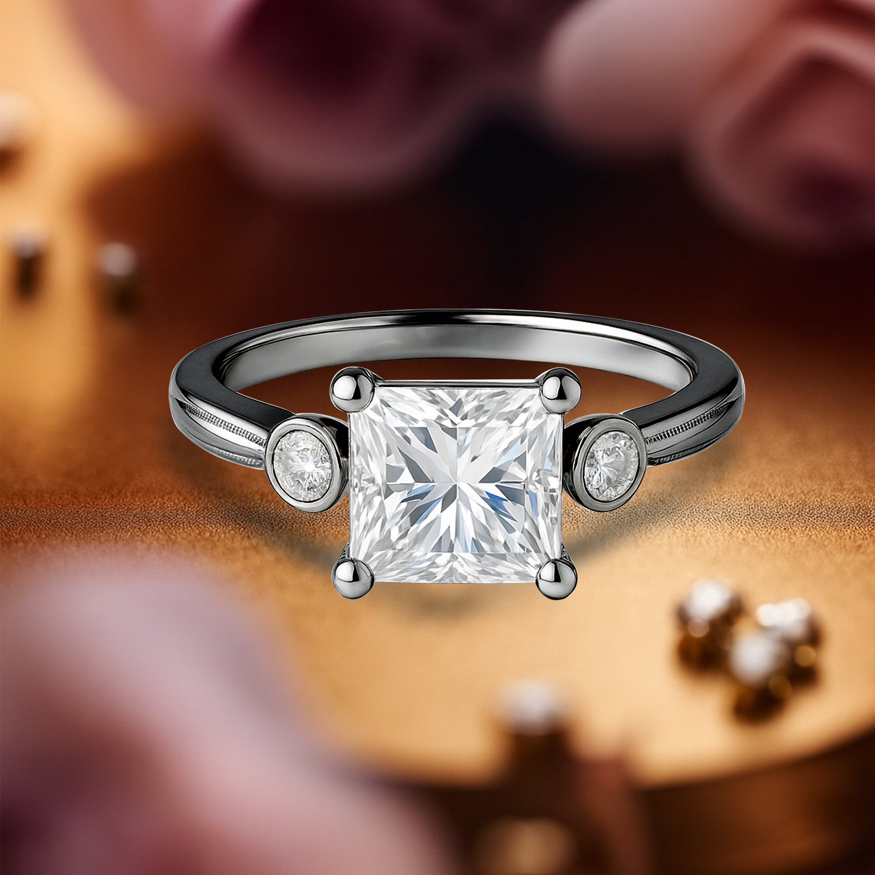 1.10 Ct Princess Moissanite Bezel Side Stone Engagement Ring