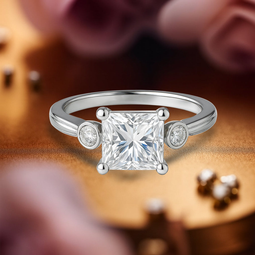 1.10 Ct Princess Moissanite Bezel Side Stone Engagement Ring