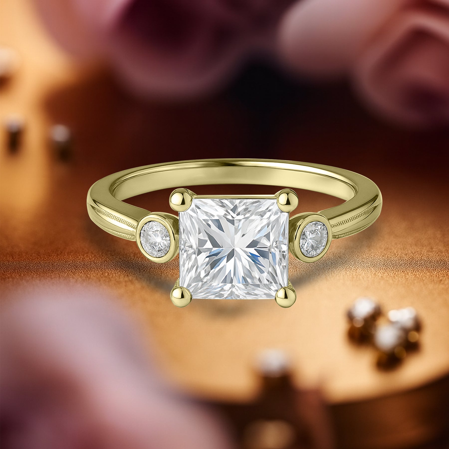 1.10 Ct Princess Moissanite Bezel Side Stone Engagement Ring